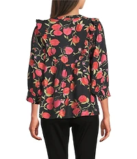 Calessa Petite Size Embroidered Floral Round Split V-Neck 3/4 Sleeve Tunic