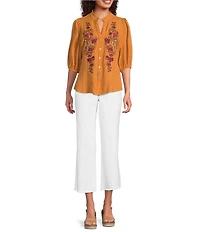 Calessa Petite Size Embroidered Floral Split V-Neck 3/4 Sleeve Button Front Tunic