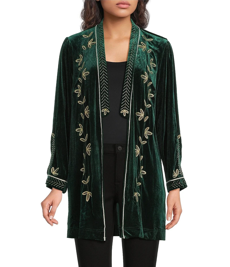Calessa Petite Size Embroidered Long Sleeve Open-Front Velvet Cardigan