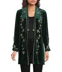 Calessa Petite Size Embroidered Long Sleeve Open-Front Velvet Cardigan