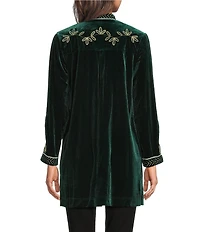 Calessa Petite Size Embroidered Long Sleeve Open-Front Velvet Cardigan