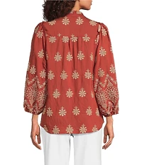 Calessa Petite Size Embroidered Medallion Print Split V-Neck Long Sleeve Button Front Tunic