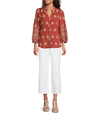 Calessa Petite Size Embroidered Medallion Print Split V-Neck Long Sleeve Button Front Tunic