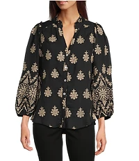 Calessa Petite Size Embroidered Medallion Split V-Neck Wrist Sleeve Button Front Tunic