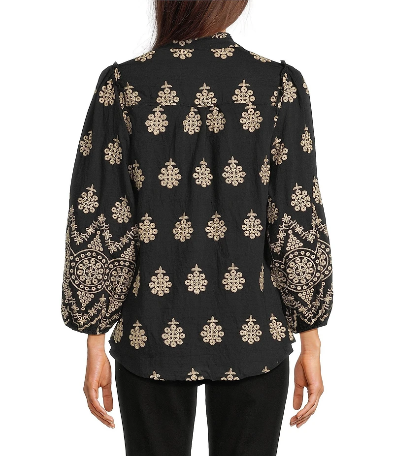 Calessa Petite Size Embroidered Medallion Split V-Neck Wrist Sleeve Button Front Tunic