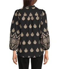 Calessa Petite Size Embroidered Medallion Split V-Neck Wrist Sleeve Button Front Tunic
