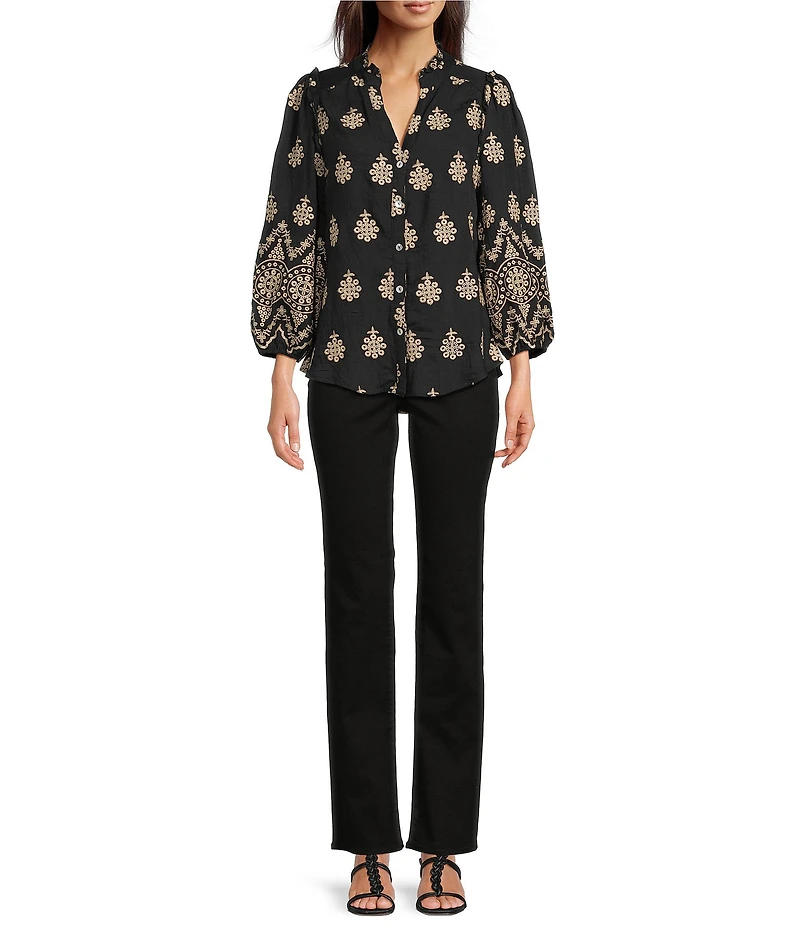 Calessa Petite Size Embroidered Medallion Split V-Neck Wrist Sleeve Button Front Tunic