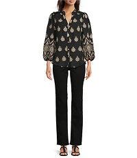 Calessa Petite Size Embroidered Medallion Split V-Neck Wrist Sleeve Button Front Tunic