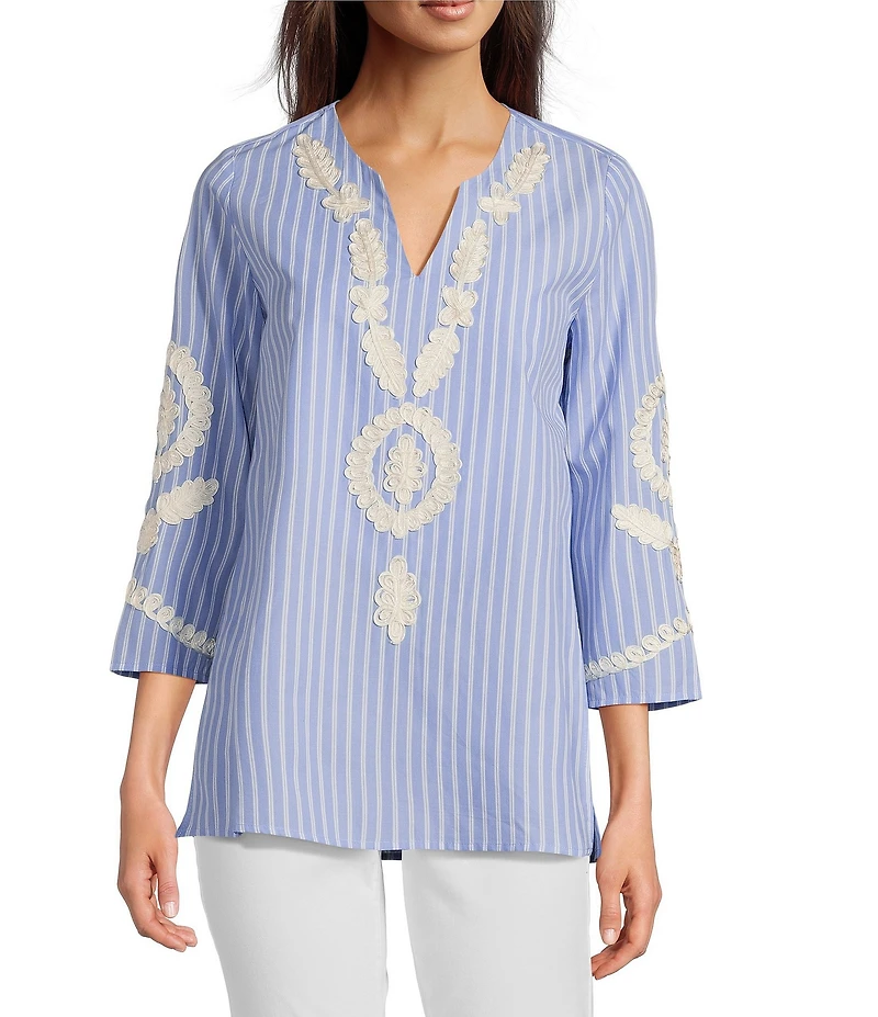 Calessa Petite Size Embroidered Patchwork Pinstripe Split V-Neck 3/4 Sleeve Tunic