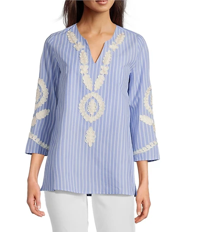 Calessa Petite Size Embroidered Patchwork Pinstripe Split V-Neck 3/4 Sleeve Tunic