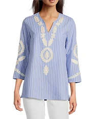 Calessa Petite Size Embroidered Patchwork Pinstripe Split V-Neck 3/4 Sleeve Tunic