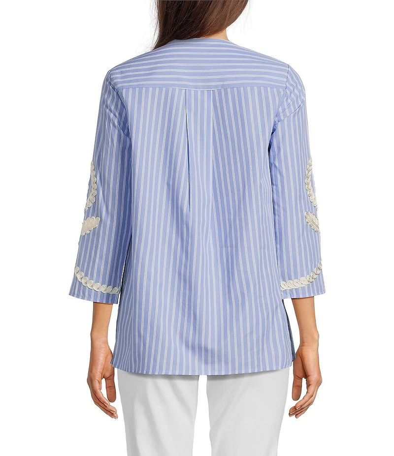 Calessa Petite Size Embroidered Patchwork Pinstripe Split V-Neck 3/4 Sleeve Tunic