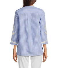 Calessa Petite Size Embroidered Patchwork Pinstripe Split V-Neck 3/4 Sleeve Tunic