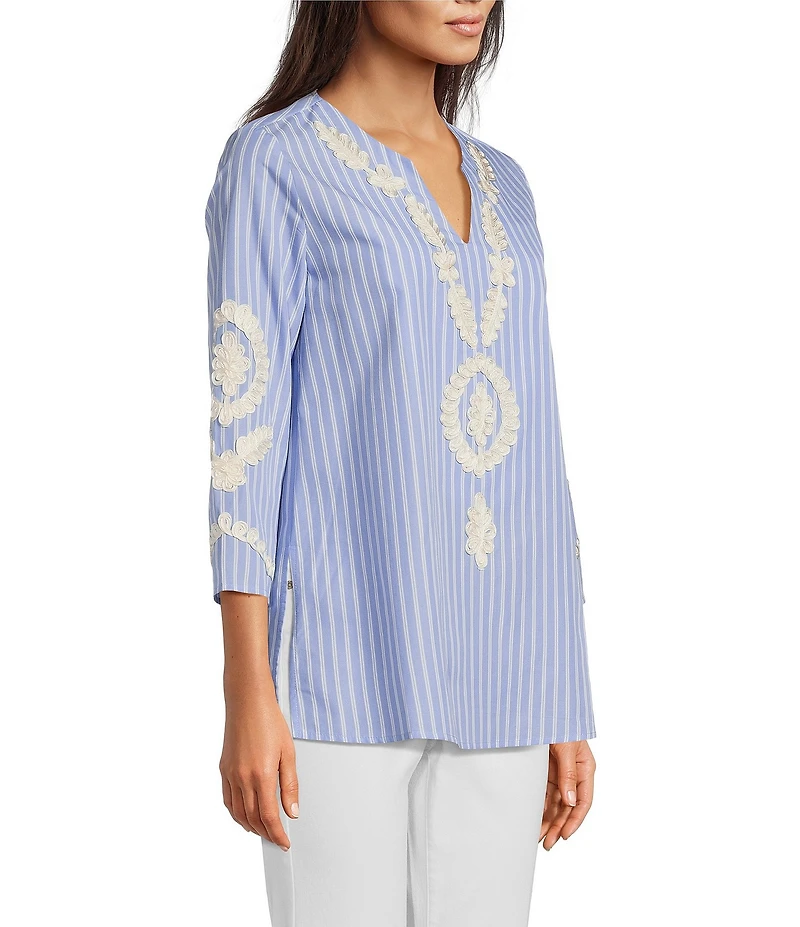 Calessa Petite Size Embroidered Patchwork Pinstripe Split V-Neck 3/4 Sleeve Tunic