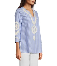 Calessa Petite Size Embroidered Patchwork Pinstripe Split V-Neck 3/4 Sleeve Tunic