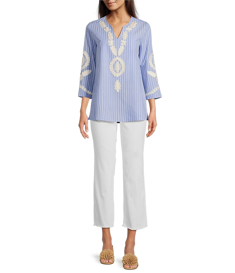 Calessa Petite Size Embroidered Patchwork Pinstripe Split V-Neck 3/4 Sleeve Tunic