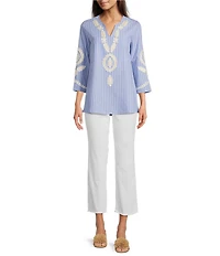 Calessa Petite Size Embroidered Patchwork Pinstripe Split V-Neck 3/4 Sleeve Tunic