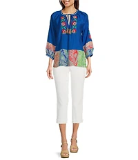 Calessa Petite Size Embroidered Patchwork Print Split V-Neck 3/4 Sleeve Tassel Tie Top