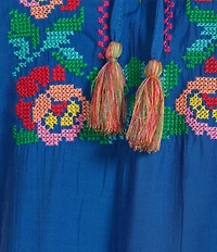 Calessa Petite Size Embroidered Patchwork Print Split V-Neck 3/4 Sleeve Tassel Tie Top