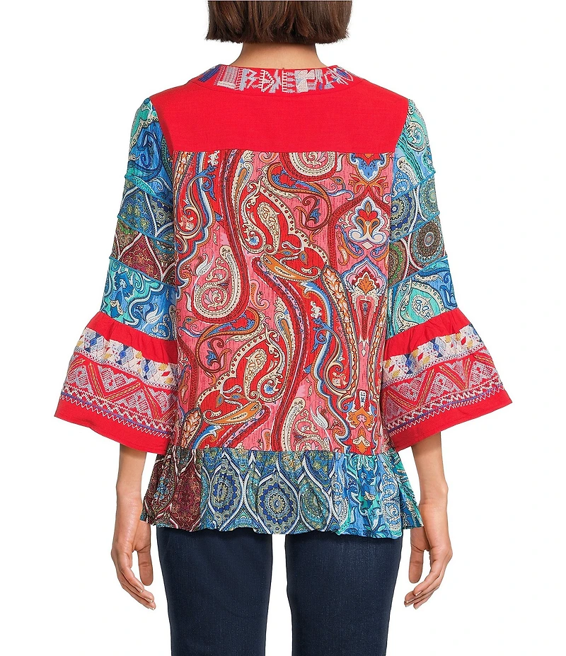Calessa Petite Size Embroidered Patchwork Print Split V-Neck 3/4 Sleeve Tunic