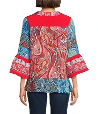 Calessa Petite Size Embroidered Patchwork Print Split V-Neck 3/4 Sleeve Tunic