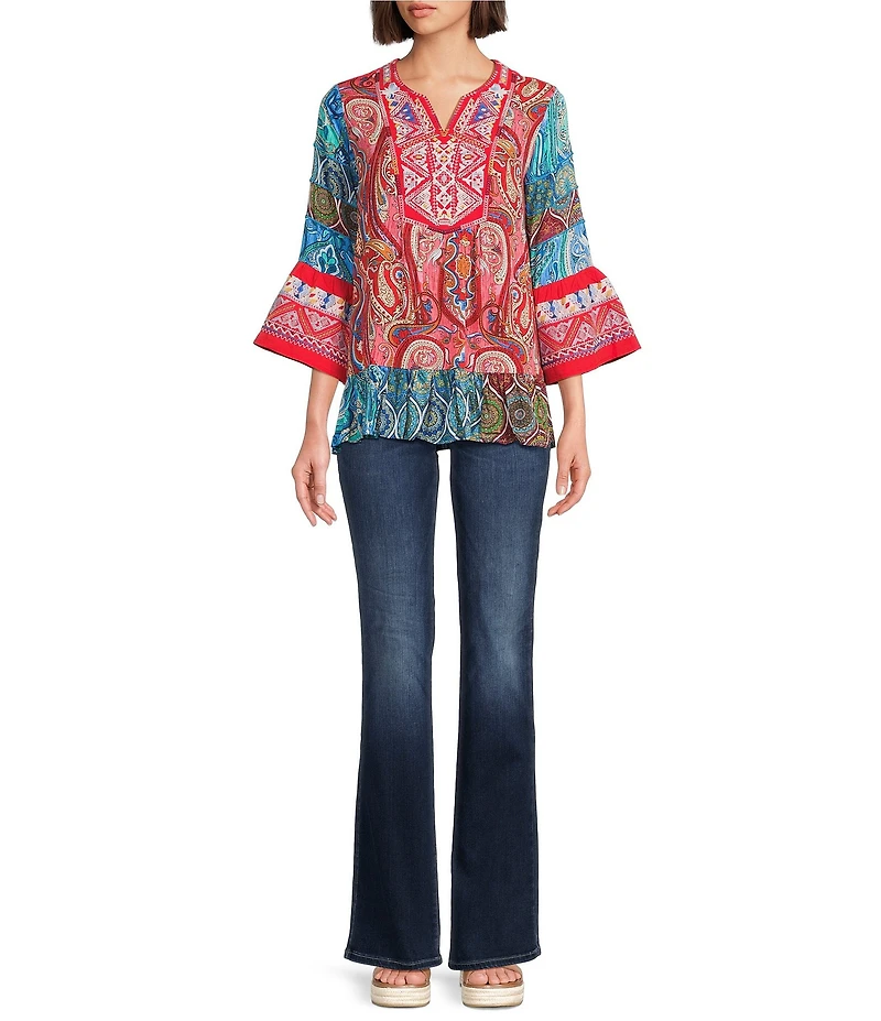 Calessa Petite Size Embroidered Patchwork Print Split V-Neck 3/4 Sleeve Tunic