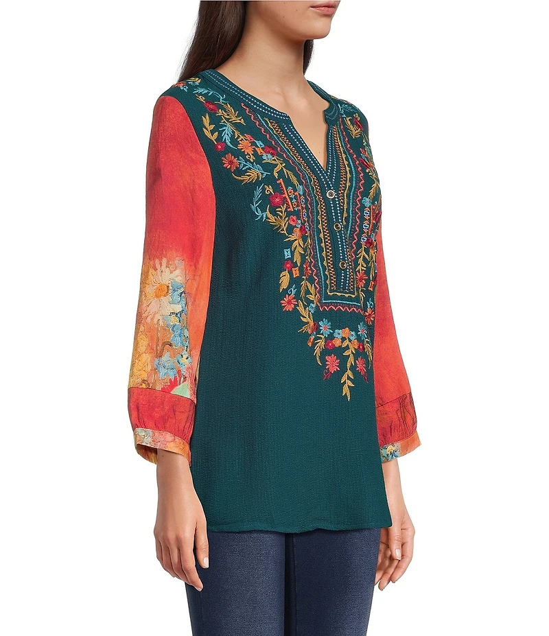 Calessa Petite Size Embroidered Patchwork Print Split V-Neck 3/4 Sleeve Tunic