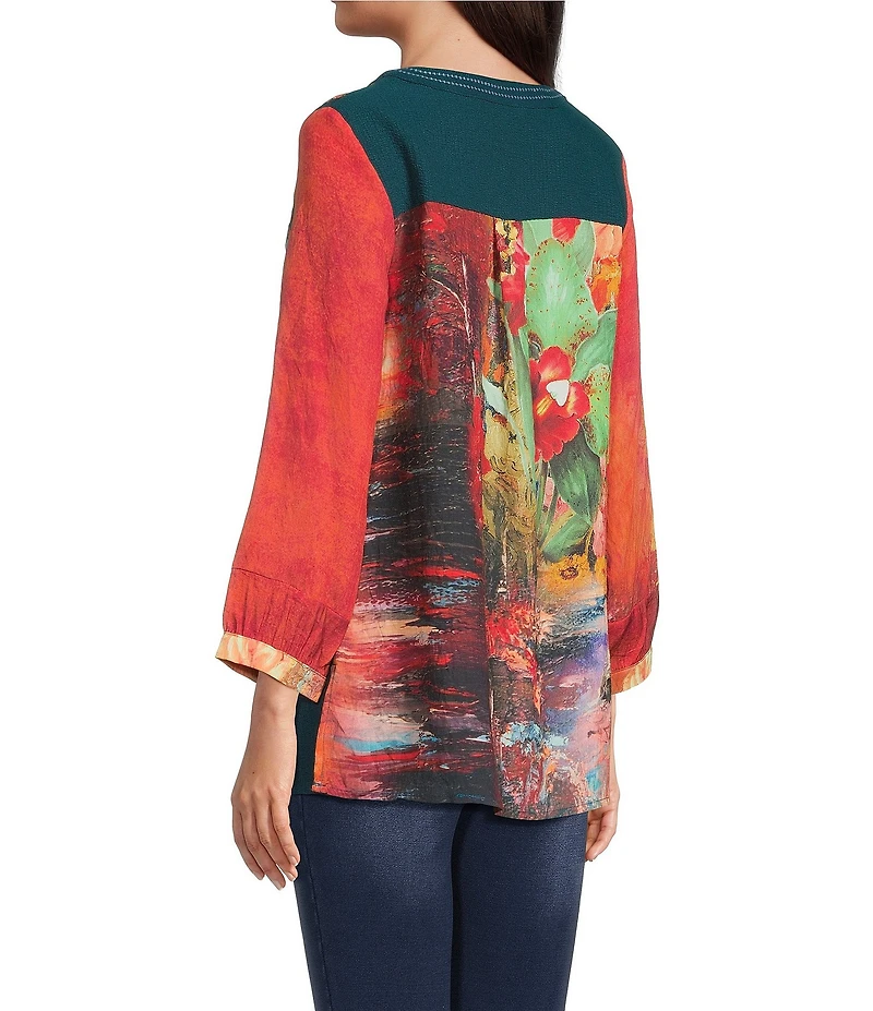 Calessa Petite Size Embroidered Patchwork Print Split V-Neck 3/4 Sleeve Tunic