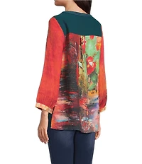 Calessa Petite Size Embroidered Patchwork Print Split V-Neck 3/4 Sleeve Tunic