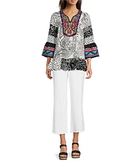Calessa Petite Size Embroidered Patchwork Print Split V-Neck 3/4 Sleeve Tunic
