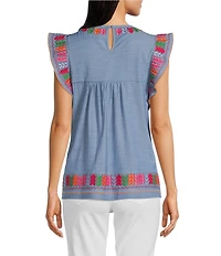 Calessa Petite Size Embroidered Patchwork Round Neck Ruffled Cap Sleeve Tunic