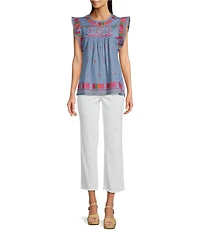 Calessa Petite Size Embroidered Patchwork Round Neck Ruffled Cap Sleeve Tunic