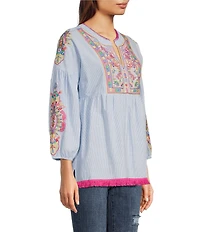 Calessa Petite Size Embroidered Patchwork Split Round V-Neck 3/4 Sleeve Tunic