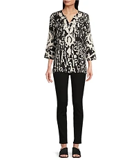Calessa Petite Size Embroidered Patchwork Split V-Neck 3/4 Sleeve Tunic