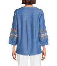 Calessa Petite Size Embroidered Patchwork Split V-Neck 3/4 Sleeve Tunic