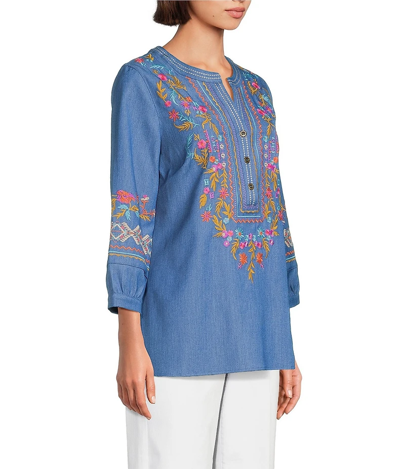 Calessa Petite Size Embroidered Patchwork Split V-Neck 3/4 Sleeve Tunic