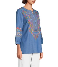 Calessa Petite Size Embroidered Patchwork Split V-Neck 3/4 Sleeve Tunic