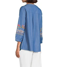 Calessa Petite Size Embroidered Patchwork Split V-Neck 3/4 Sleeve Tunic