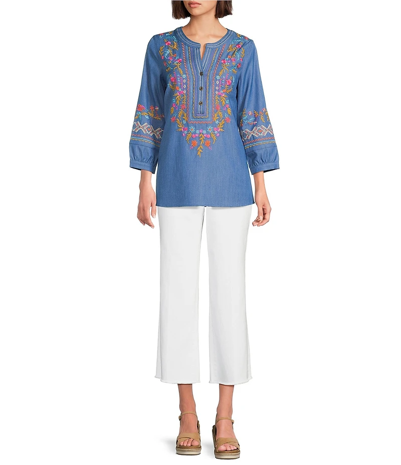 Calessa Petite Size Embroidered Patchwork Split V-Neck 3/4 Sleeve Tunic