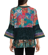 Calessa Petite Size Embroidered Patchwork Split V-Neck 3/4 Sleeve Tunic