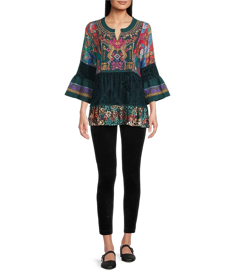 Calessa Petite Size Embroidered Patchwork Split V-Neck 3/4 Sleeve Tunic