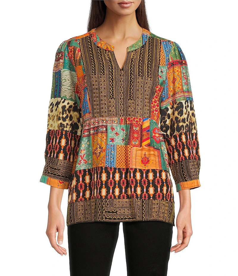 Calessa Petite Size Embroidered Patchwork Split V-Neck 3/4 Sleeve Tunic