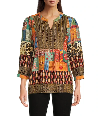 Calessa Petite Size Embroidered Patchwork Split V-Neck 3/4 Sleeve Tunic
