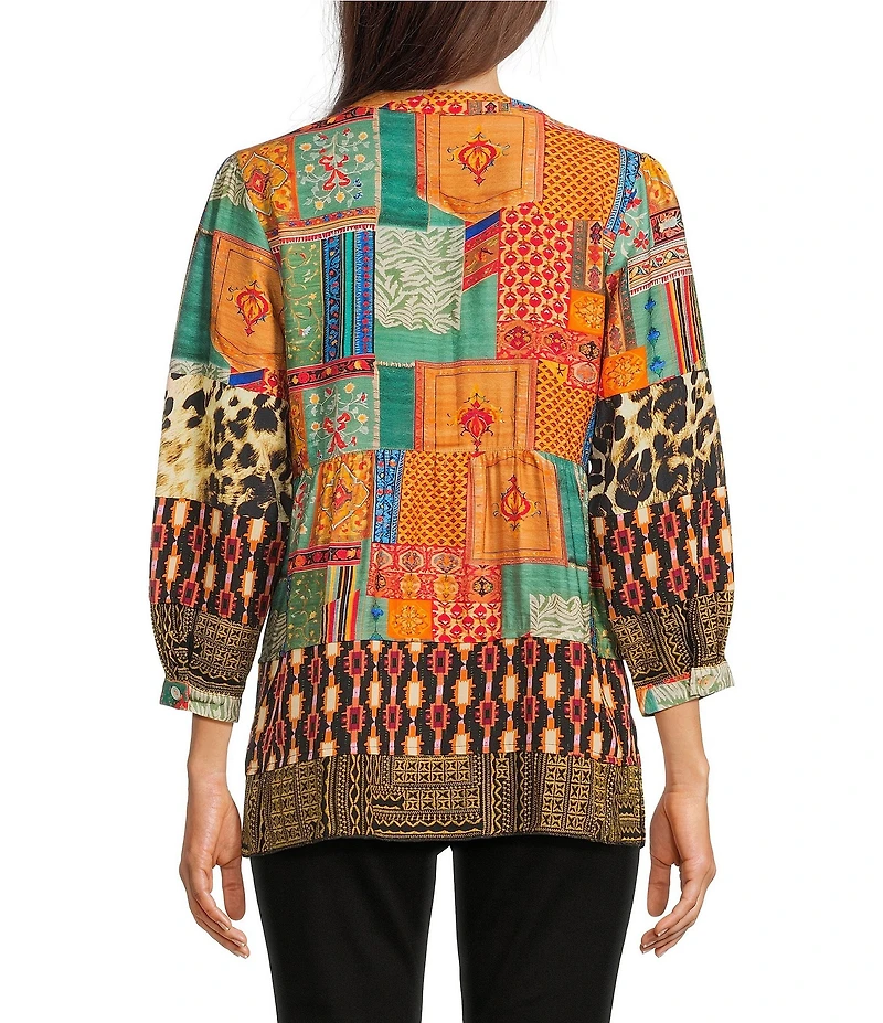 Calessa Petite Size Embroidered Patchwork Split V-Neck 3/4 Sleeve Tunic