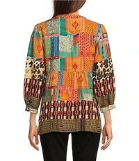 Calessa Petite Size Embroidered Patchwork Split V-Neck 3/4 Sleeve Tunic