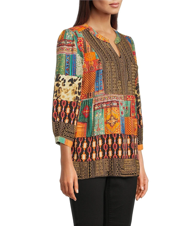 Calessa Petite Size Embroidered Patchwork Split V-Neck 3/4 Sleeve Tunic