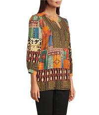 Calessa Petite Size Embroidered Patchwork Split V-Neck 3/4 Sleeve Tunic