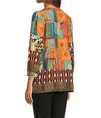 Calessa Petite Size Embroidered Patchwork Split V-Neck 3/4 Sleeve Tunic