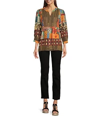 Calessa Petite Size Embroidered Patchwork Split V-Neck 3/4 Sleeve Tunic