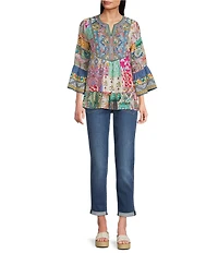 Calessa Petite Size Embroidered Patchwork Split V-Neck 3/4 Sleeve Tunic